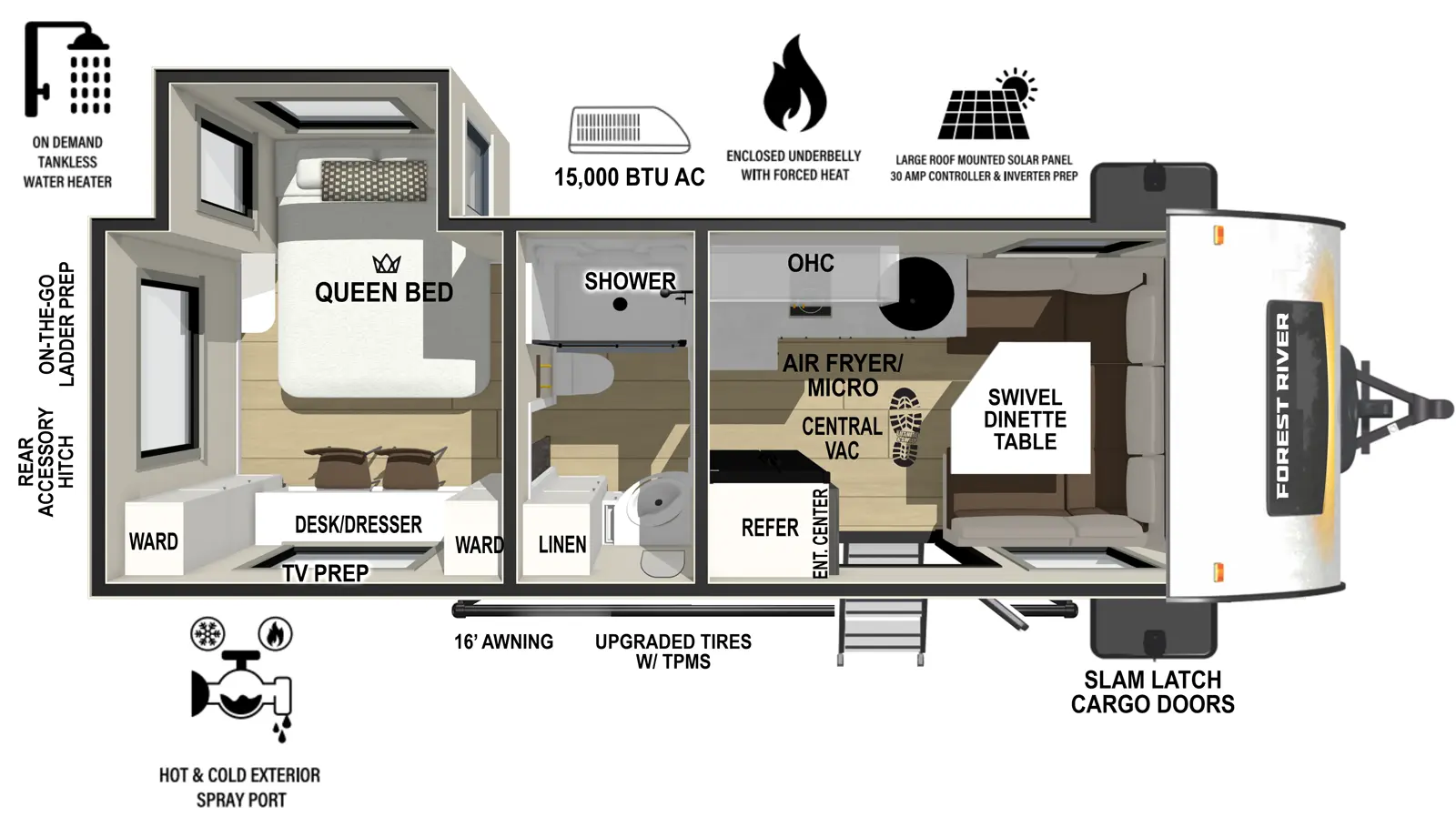 The r-pod RP-204 floorplan has one entry and one slide out. Exterior features include: fiberglass exterior and 16' awning. Interiors features include: u-dinette, rear bedroom and pass through bathroom.
